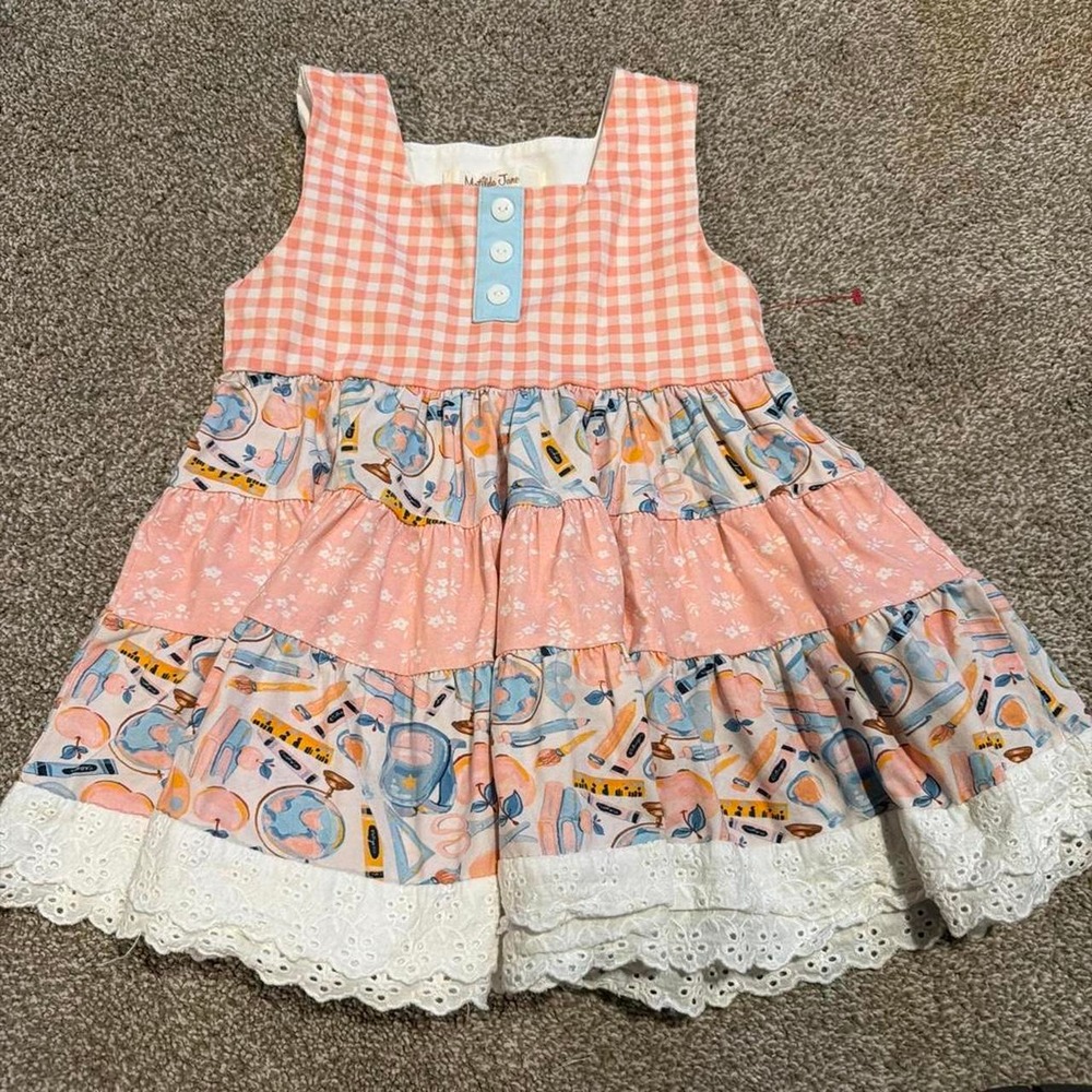 Matilda Jane size 7 pink and blue school theme sleeveless tunic